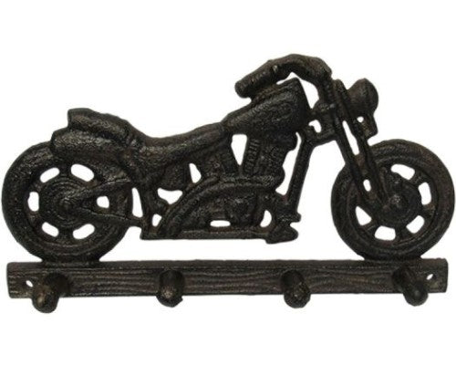 Durable cast iron motorbike coat hooks, perfect for displaying jackets and helmets in your home or garage.