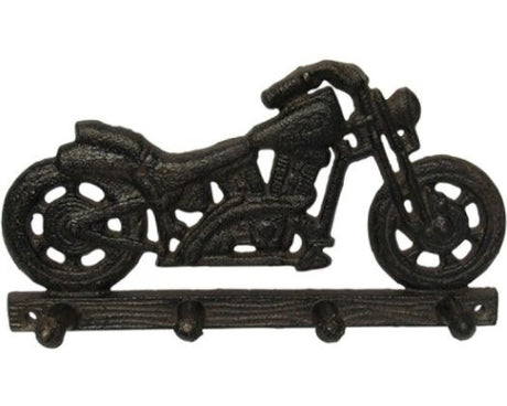 Durable cast iron motorbike coat hooks, perfect for displaying jackets and helmets in your home or garage.