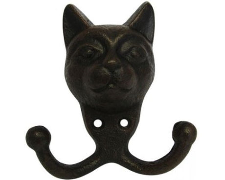 Whimsical double cat coat hook in durable cast iron, perfect for hanging jackets and leashes, enhancing home decor.