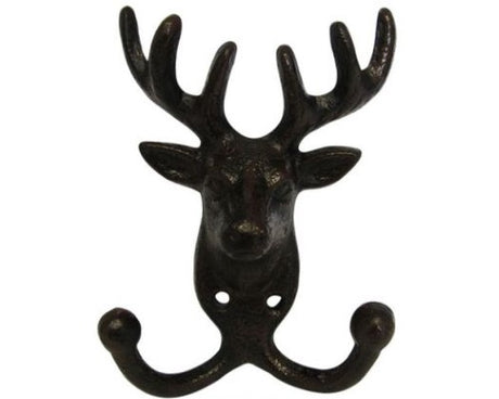 Rustic cast iron stag hook, perfect for coats and bags, combines functionality with nature-inspired decor.
