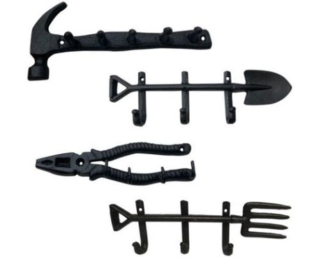 Set of 2 cast iron hooks shaped like a spade and hammer, perfect for adding rustic charm and functionality to your home.