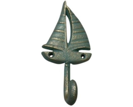 Durable cast iron hook with a rustic finish, ideal for nautical decor and organizing belongings, measuring 16 x 7.5 cm.