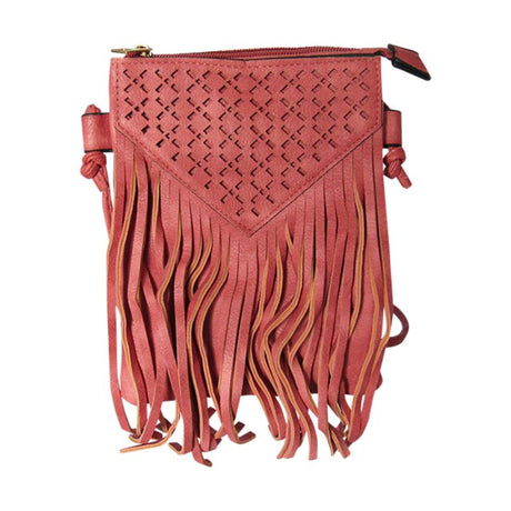 Chic blush pink shoulder bag with tassel detailing, zip top, spacious interior, and convenient back pocket for essentials.