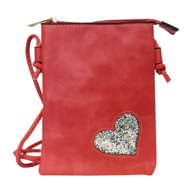 Chic red Bling Heart shoulder bag in soft PU leather with zip closure, spacious interior, and convenient back pocket.