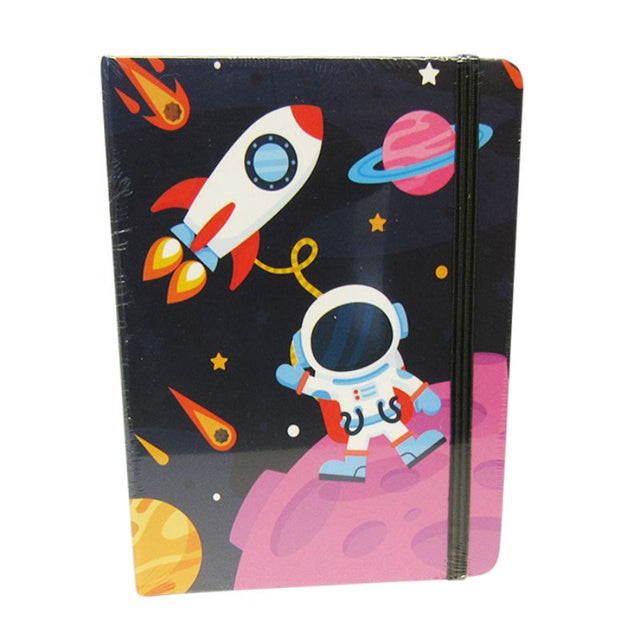 Vibrant Space Rocket Notebook (14.5cm) with lined pages and elastic closure, perfect for creative notes and doodles.