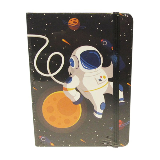 Space-themed notebook with elastic closure, lined pages, perfect for creativity and organization.