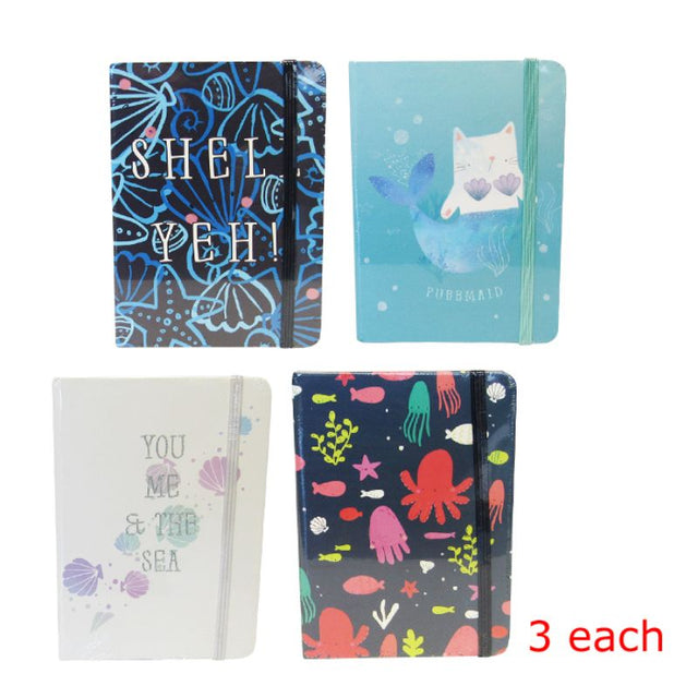 Set of 12 assorted sealife notebooks with lined paper, vibrant ocean designs, and secure elastic closures for organization.