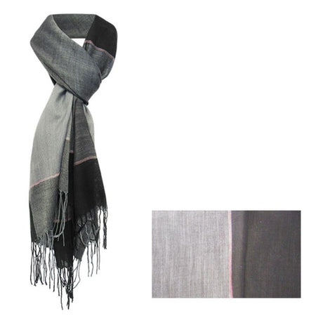 Elegant two-tone silver and black scarf, 180cm long, made from lightweight polyester with delicate tassels.