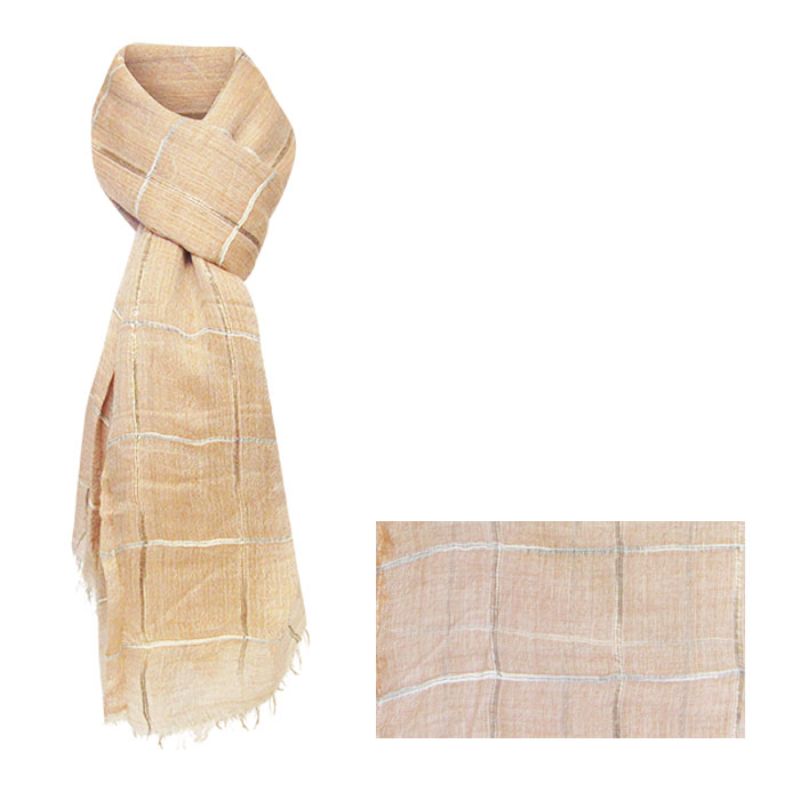 Chic salmon tri-tone scarf with fringed edges, 195cm long, perfect for layering and adding color to outfits.