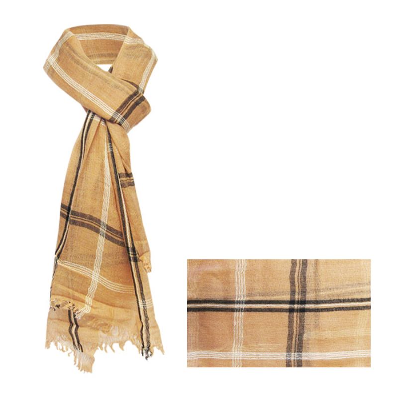 Oversized caramel check scarf measuring 195cm, crafted from a warm wool-polyester blend with fringed edges.