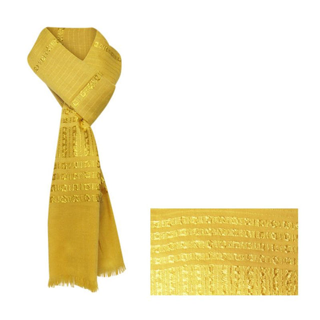 Lightweight mustard scarf with chain pattern, fringed edges, 180cm long, perfect for versatile summer styling.