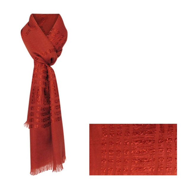 Chain Burnt Orange scarf, 180cm long, soft polyester, fringed edges, perfect for layering and styling.