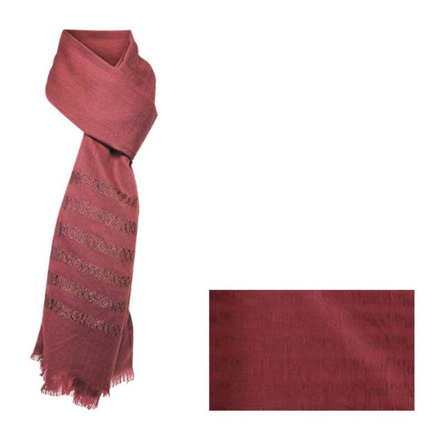 Burgundy Shine Scarf: 180cm lightweight wrap with fringed edge, perfect for adding elegance to any outfit.