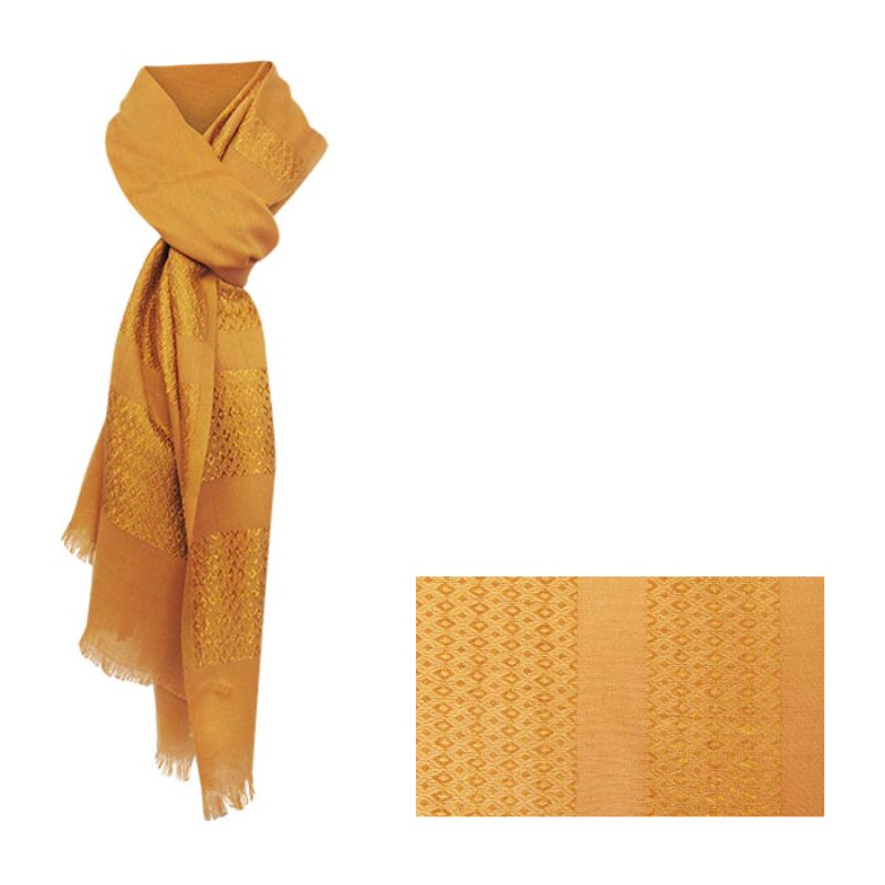 Mustard yellow scarf with diamond pattern, fringed edges, 180cm long, perfect for stylish summer layering.