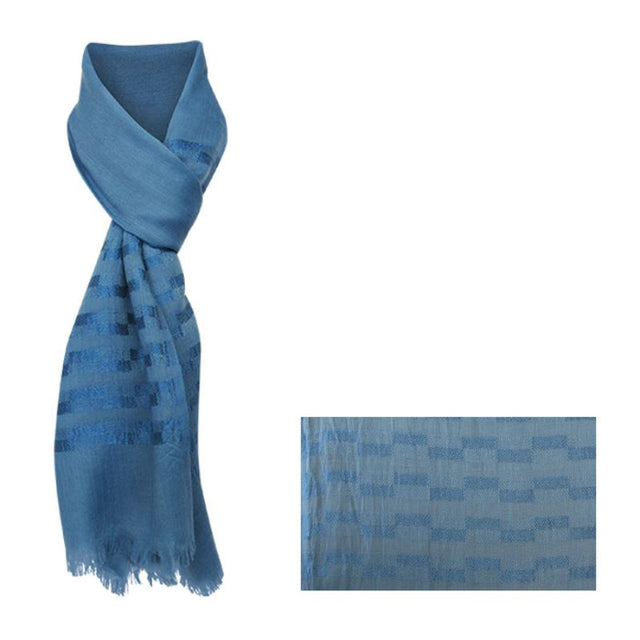 Elegant Parquet Blue Scarf, 180cm with fringed edges, crafted from soft 100% polyester, perfect for all seasons.