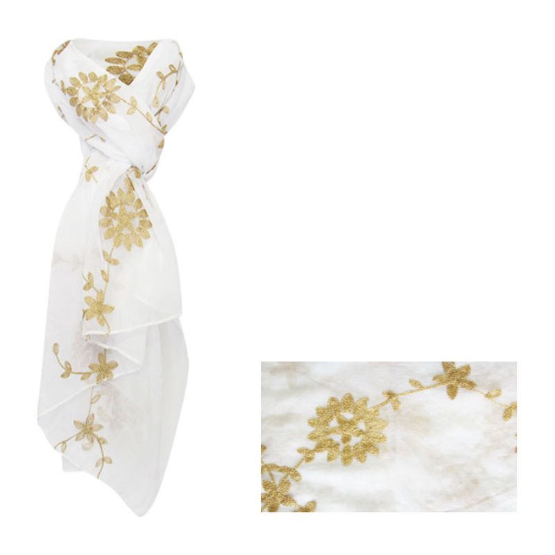 Elegant white scarf with embroidered flowers, 180cm long, lightweight, versatile for any occasion.