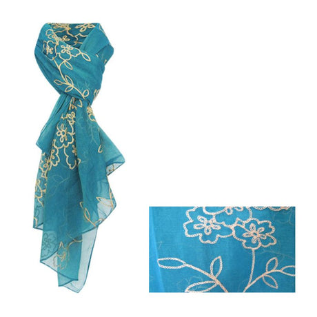 Teal scarf with embroidered flowers, 180 cm long, lightweight and versatile for elevating any outfit.