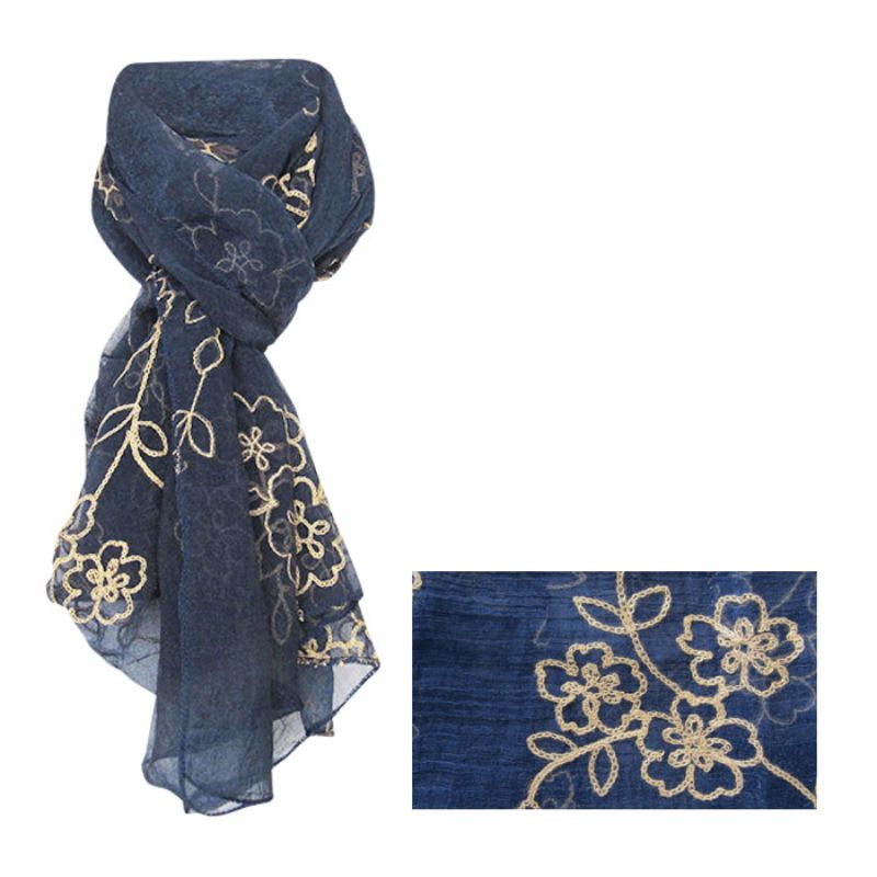 Lightweight royal blue scarf with floral embroidery, perfect for stylish layering and year-round wear.