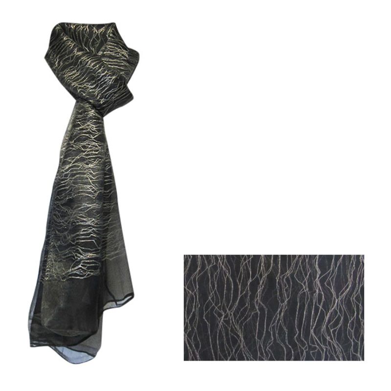 Elegant black scarf with shimmering silver waves, lightweight 100% polyester, measures 180 x 70 cm, perfect for any outfit.