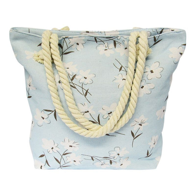 Spacious blue floral rope tote bag with durable handles, perfect for beach trips or daily errands.