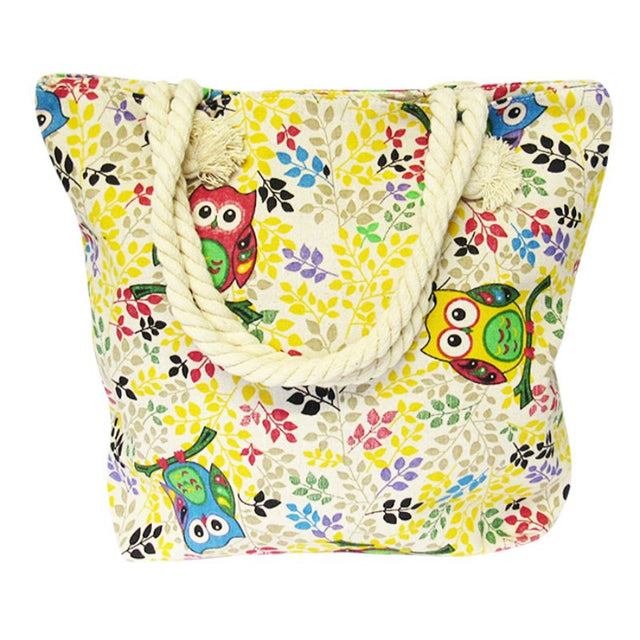 Colorful Summer Owl design rope tote bag, perfect for beach trips, shopping, or outings with a zipped main compartment.