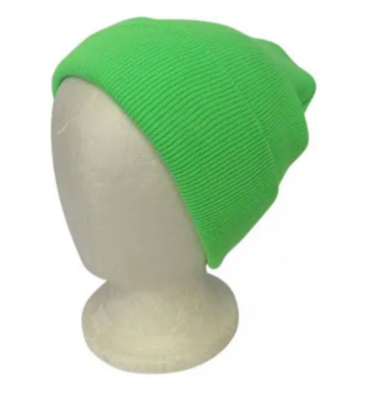 Fluro green double-layered knit beanie with ribbing, perfect for warmth and style for all ages.