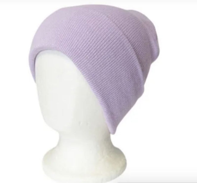 Lavender beanie with ribbed texture, double-layered knit fabric for warmth, versatile for any winter outfit.