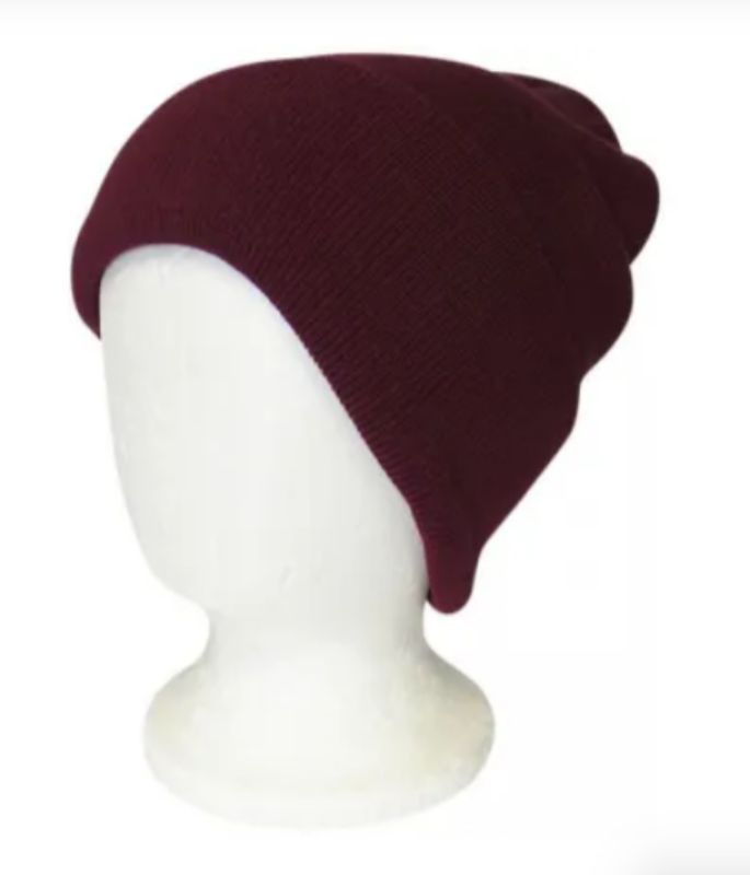 Wine red double-layered knit beanie with ribbed design, perfect for warmth and style for all ages.