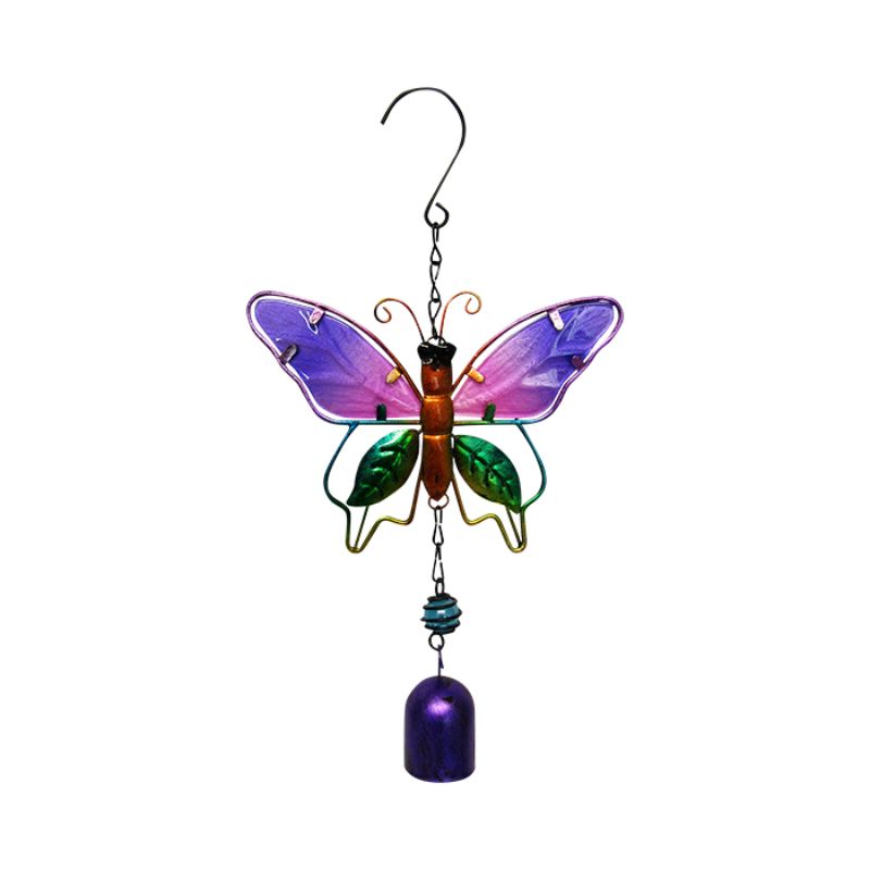 Purple stained glass butterfly hanger with bell, measuring 30 x 17 cm, perfect for garden decoration.