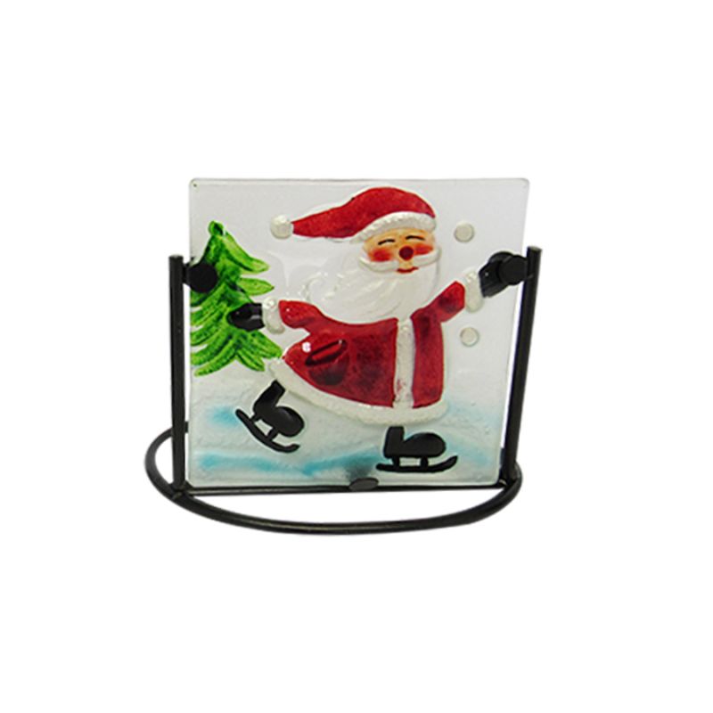 Glass stained Santa tealight holder in black metal, 13.5 cm long, perfect for festive Christmas decor.