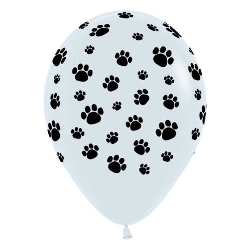 Pack of 25 white latex balloons featuring playful paw prints, perfect for pet-themed parties and celebrations.