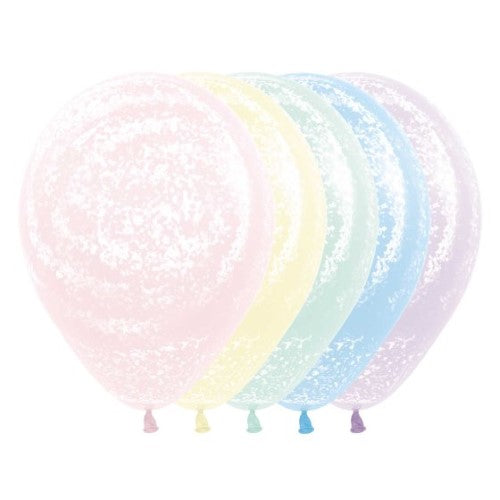 Colorful pack of 25 pastel matte balloons with unique graffiti texture, perfect for festive decorations and celebrations.