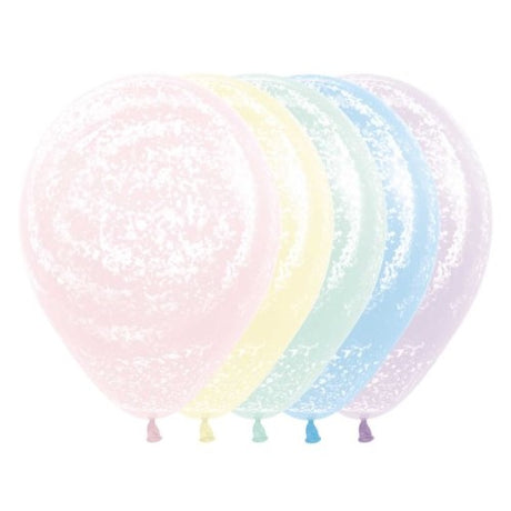Colorful pack of 25 pastel matte balloons with unique graffiti texture, perfect for festive decorations and celebrations.