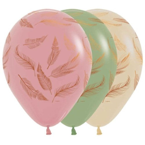 Pack of 25 vibrant 30cm assorted latex balloons with feather designs, perfect for parties and celebrations.