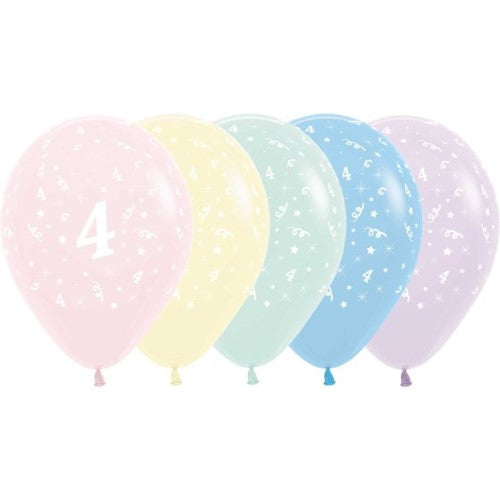 Pack of 25 Sempertex pastel matte latex balloons, 30cm, celebrating age 4 with vibrant festive colors.