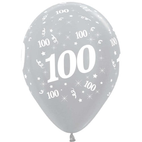 Pack of 25 Sempertex 30cm satin pearl silver balloons for Age 100 celebrations, perfect for elegant decorations.