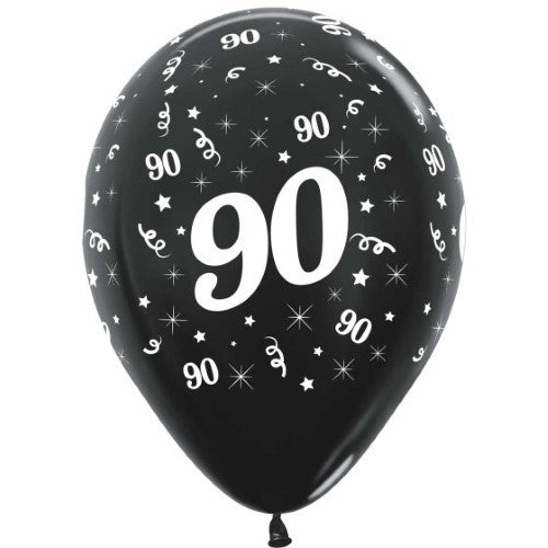 Pack of 25 Sempertex 30cm metallic black latex balloons for a stylish 90th birthday celebration.