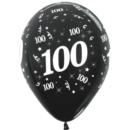 Pack of 25 Sempertex 30cm metallic black latex balloons, ideal for 100th birthday celebrations and elegant decorations.