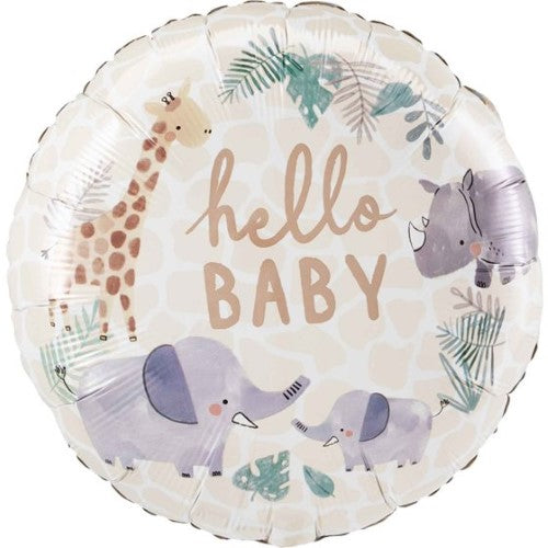 45cm Hello Baby Soft Jungle foil balloon featuring vibrant colors and cute animal designs, perfect for baby celebrations.
