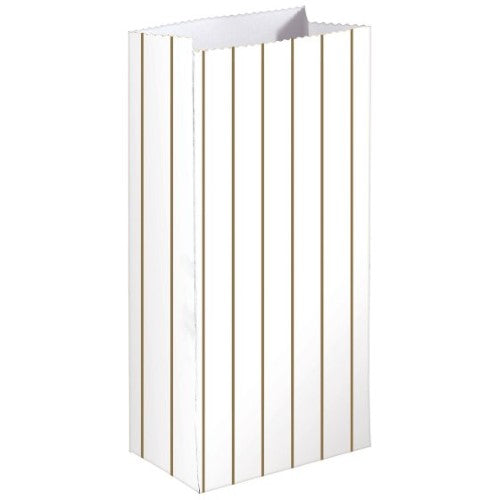 Gold stripe paper treat bags in a pack of 8, eco-friendly and stylish for candy and favors, perfect for any celebration.