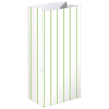 Pack of 8 vibrant Kiwi Stripe Paper Treat Bags, eco-friendly, ideal for parties and gifting, measuring 13cm x 25cm x 7.5cm.