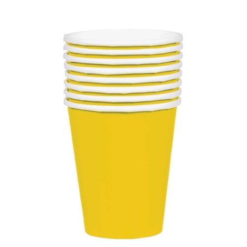 Bright sunshine yellow paper cups, pack of 20, eco-friendly and perfect for parties, picnics, and outdoor events.