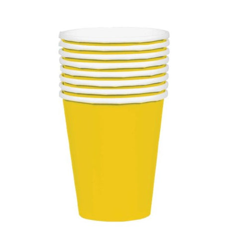 Bright sunshine yellow paper cups, pack of 20, eco-friendly and perfect for parties, picnics, and outdoor events.