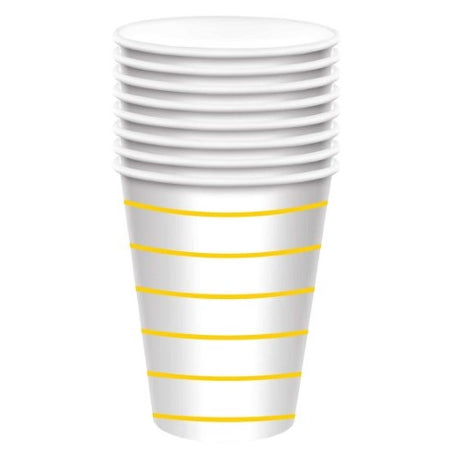 Vibrant sunshine yellow disposable paper cups, pack of 8, eco-friendly and perfect for parties and gatherings.