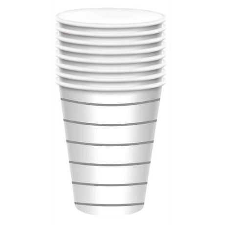 Pack of 8 silver paper cups (266ml) for stylish, eco-friendly beverage serving at any event.