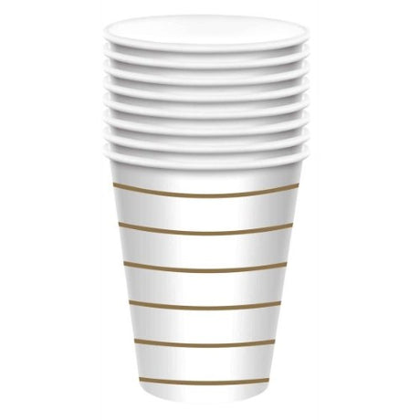 Pack of 8 gold stripe paper cups, 266ml capacity, perfect for stylish events and eco-friendly gatherings.