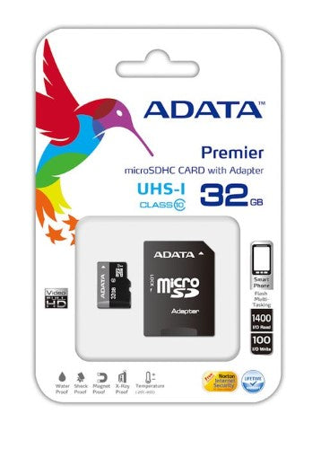 ADATA 32GB Micro SDHC Card Class 10 with SD adapter, offering up to 30MB/s speed for high-definition storage.
