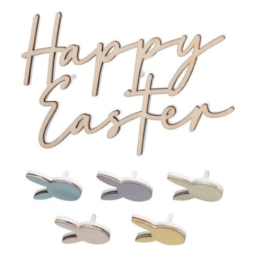 Colorful wooden Easter cake decorations featuring a bunny topper and pastel bunny heads for festive celebrations.