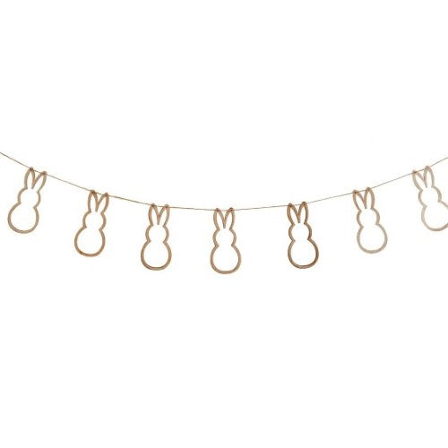 Whimsical Hey Bunny Wooden Bunting with 8 bunny cutouts, perfect for festive celebrations and eco-friendly decor.