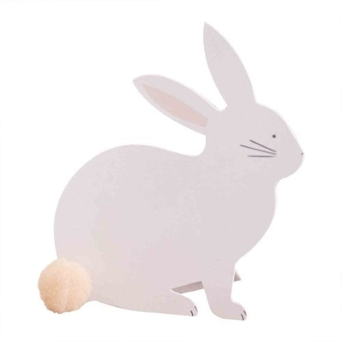 Set of 6 eco-friendly bunny place cards with pink and white pom pom tails for festive celebrations.